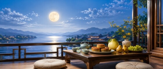 Mid autumn moon festival with tea and mooncakes on a terrace, background © dvoevnore