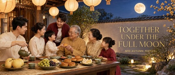 Mid autumn moon festival celebration with family enjoying traditional tea outdoors © dvoevnore