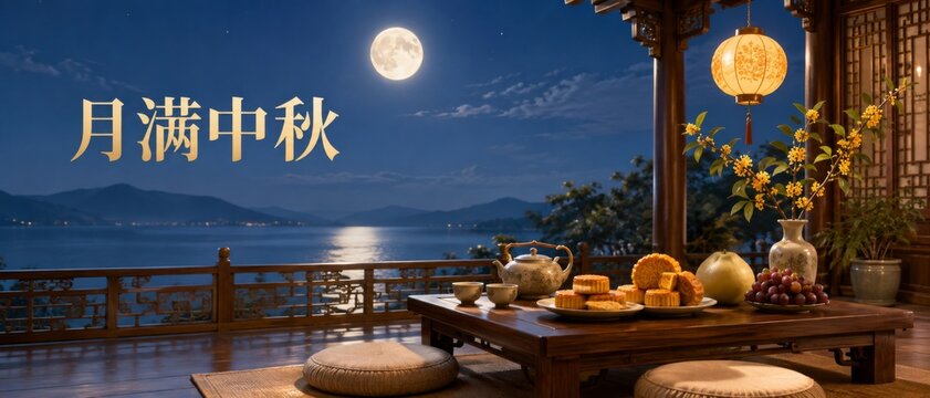 Mid Autumn Moon Festival scene with full moon, lantern, and traditional treats