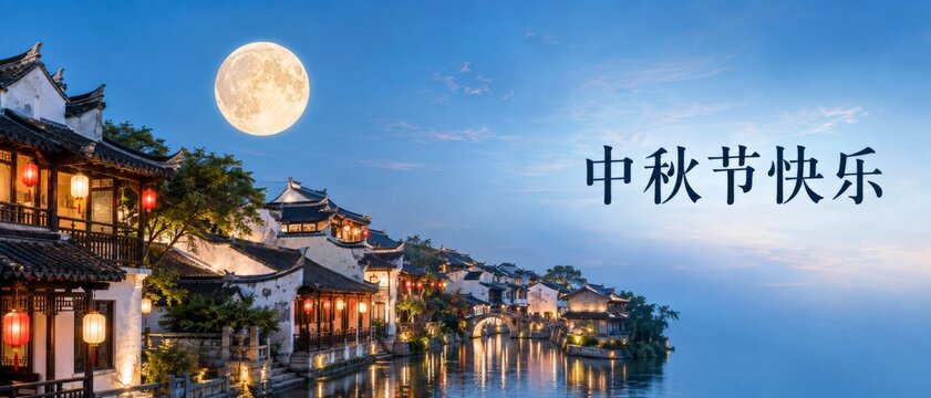 Mid Autumn Moon Festival with lantern-lit village and bright full moon