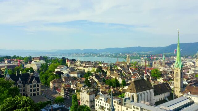 Zurich, Switzerland. Panorama of the city from the air. View of Zurich Lake. Drone footage