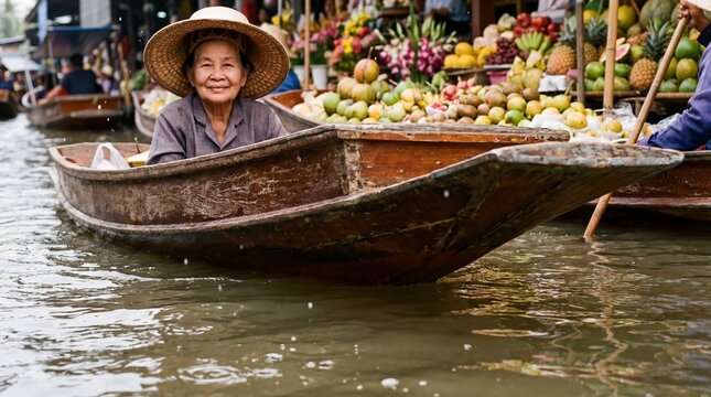 Elderly Asian woman vendor sitting in wooden boat at traditional Thai floating market photography