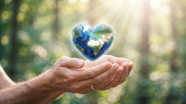Close up of human hands holding a glowing heart shaped earth globe in a beautiful forest setting