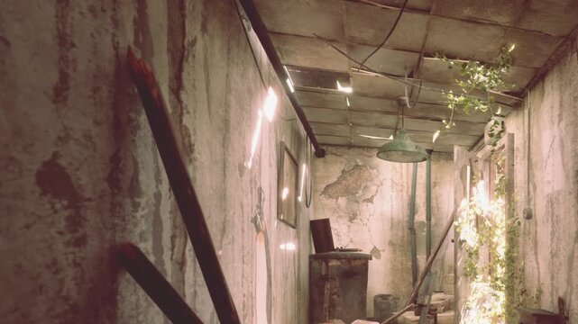 An abandoned room with peeling walls and a window that allows light to shine through. There are plants growing in the corners and debris scattered throughout the space.
