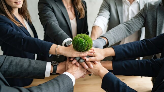Diverse business team stacking hands together over a small green globe to symbolize environmental sustainability and corporate responsibility