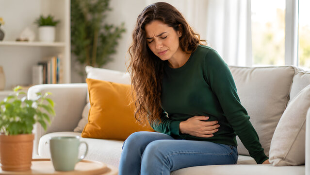 Woman experiencing abdominal pain while sitting at home, illustrating illness, stomach discomfort, digestive symptoms, healthcare concerns and self care