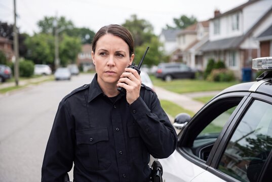 Female police officer using radio patrol car suburban neighborhood street