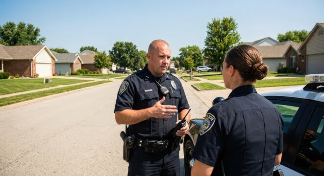 Police officers talking together on neighborhood street patrol duty