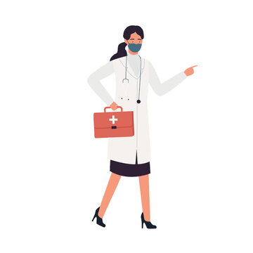 Female doctor wearing mask with medical kit. Emergency first aid, hospital medic vector illustration