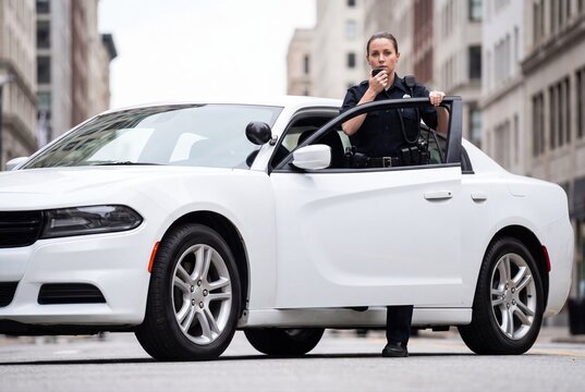 Female police officer standing by patrol car talking on radio in city