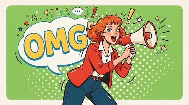 Surprised woman holding a smartphone with a speech bubble omg text