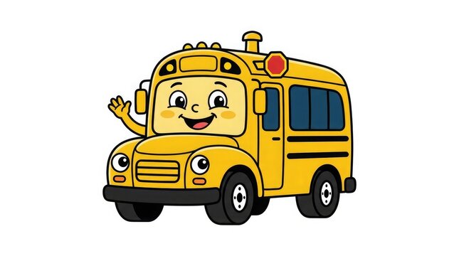 Cute cartoon school bus character waving hello