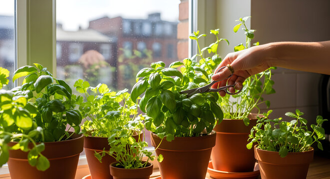 Fresh basil herb garden growing in pots on sunny windowsill, promoting home gardening, healthy cooking, natural ingredients and sustainable living