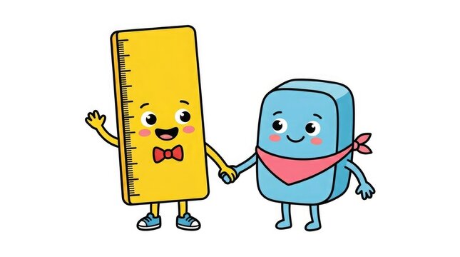 Cute cartoon ruler and eraser characters holding hands