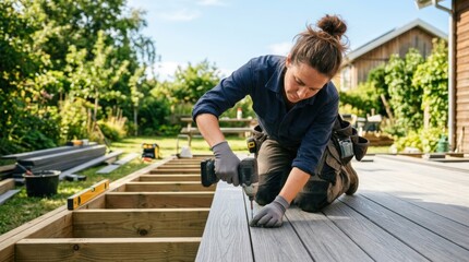 Fototapeta premium Female builder installing decking boards outdoors