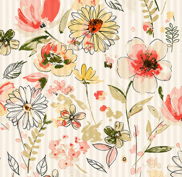 3D floral pattern with a refined stripe effect, designed for seamless digital textile printing, creating a unique jacquard-inspired look without requiring jacquard fabric.