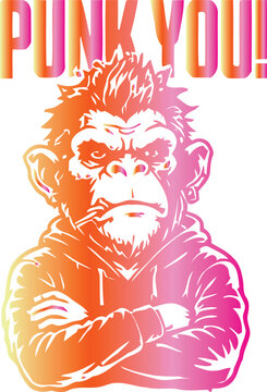 A vector illustration depicts an angry monkey with crossed arms utilizing a gradient color scheme and a textured style.