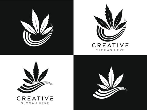 Set of marijuana leaf business progress logo design templates. Isolated modern cannabis with dashed elements designs in black and white.