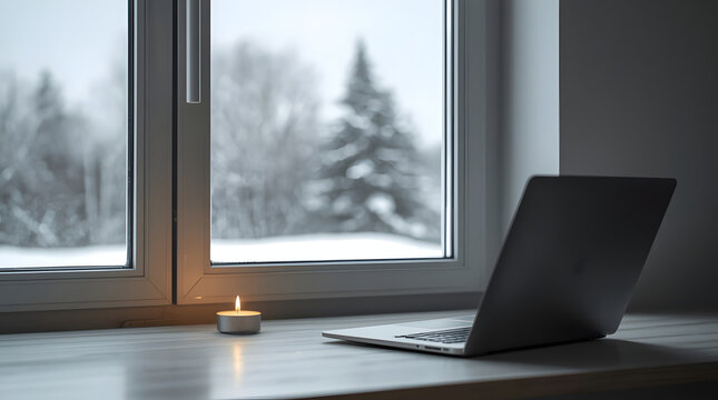 Cozy workspace with laptop and candle by window in snowy scenery