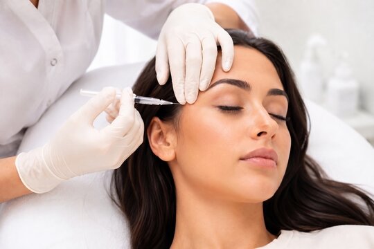 Inje&ccedil;&atilde;o de Botox no rosto de jovem brasileira em cl&iacute;nica de est&eacute;tica para tratamento de rugas e rejuvenescimento facial