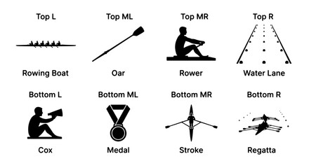 Rowing Icons Set: Oar, Boat, Rowers, Cox, Medal, Stroke, Regatta, Water Lane, Sport Symbols © Joya
