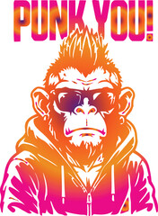 Naklejka premium A vibrant vector illustration depicts a monkey wearing sunglasses and a hoodie rendered in shades of orange and pink.