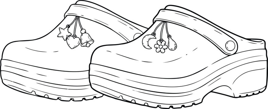 Coloring sheet design, girls clog shoes, chunky platform footwear illustration, line art, cute jibbitz charms, hand-drawn style, sketch outline, coloring book page, fashion accessories