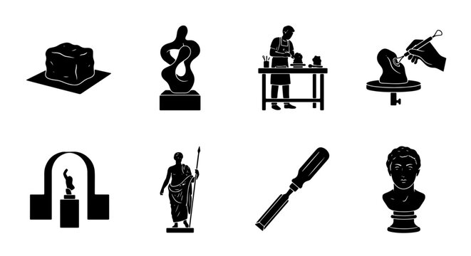 Sculpture Art Icons, Artistic Creation Symbols, Creative Process Elements, Craftsmanship Tools, Museum Display Graphics