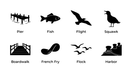 Fototapeta premium Coastal Icons Set: Pier, Fish, Bird Flight, Boardwalk, French Fry, Flock, Harbor, Squawk - Nautical & Seaside Vector Graphics