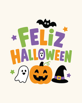 Lettering Vetorial Infantil Feliz Halloween com Ab&oacute;bora, Fantasma, Morcego e Chap&eacute;u de Bruxa