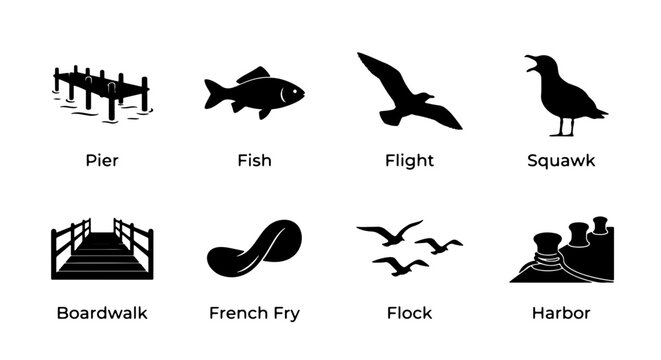 Coastal Icons Set: Pier, Fish, Bird Flight, Boardwalk, French Fry, Flock, Harbor, Squawk - Nautical & Seaside Vector Graphics