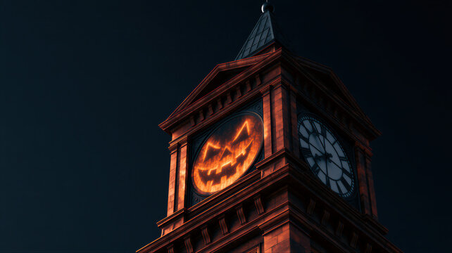 Old clock tower with glowing Halloween pumpkin face instead of clock dial at night. Spooky jack o lantern on historic building. Autumn holiday and Halloween party concept.