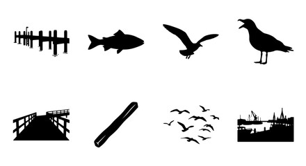 Fototapeta premium Coastal Silhouette Icons: Nautical Pier, Salmon Fish, Seagulls, Birds in Flight, Dock Landscape, Wood Plank, Flock of Birds, Harbor Scene Vector Set