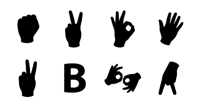 Sign Language Alphabet Icons, ASL Gestures Collection, Communication Symbols Set, Black Silhouette Hand Signals for Learning and Design