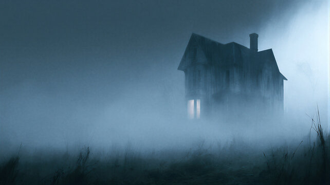 Spooky abandoned house in fog at night. Old haunted mansion with glowing window in mist. Dark horror scene. Halloween mystery and fear concept.