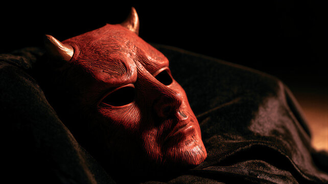 Red devil mask with golden horns lying on dark fabric. Halloween costume accessory and horror theme. Demon face for spooky holiday celebration and evil mystic concept.