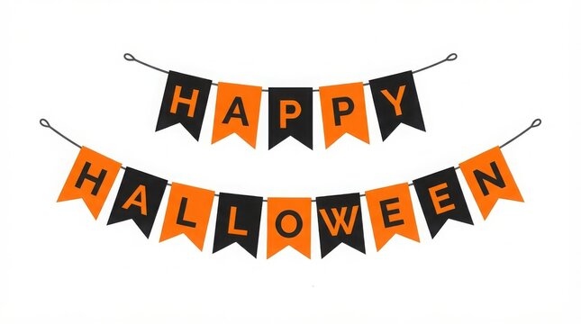 Happy Halloween bunting banner, orange and black party flags, festive holiday garland on white background