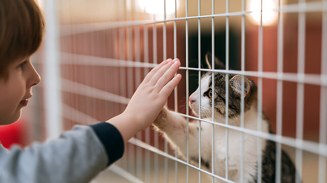 A young boy reach out hand to touch a cute domestic cat felis catus behind metal cage at animal shelter rescue center in adoption event
