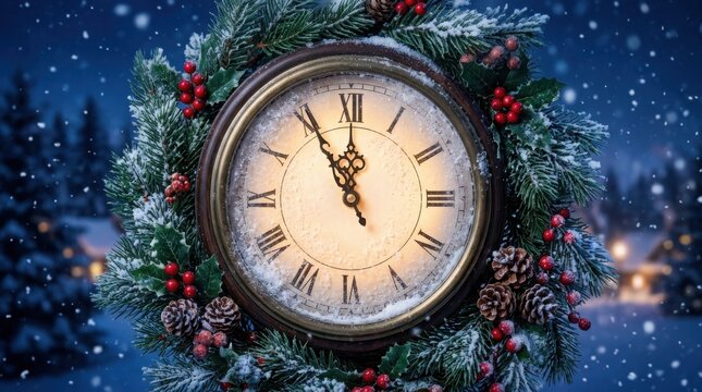  Vintage New Year clock with Christmas wreath, midnight countdown on antique clock face, festive winter holiday background with snow