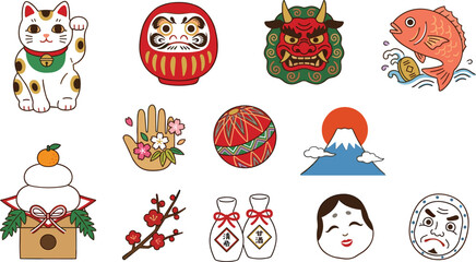 Naklejka premium Traditional Japanese Culture and New Year Symbol Icon Set with Maneki Neko Daruma Mount Fuji and Oni Mask for Travel Souvenir and Festive Graphic Designs