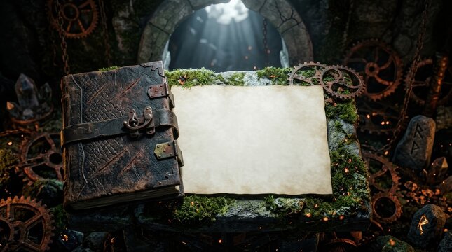 Cinematic fantasy mockup of a weathered dragon-hide tome and blank vellum parchment on a mossy stone altar with rusted gears and arcane moonlight.