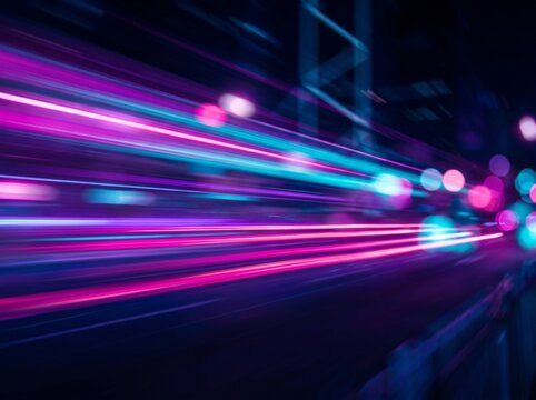 Abstract motion blur of neon blue and purple city lights creating speed lines at night with abstract velocity transport illuminated background