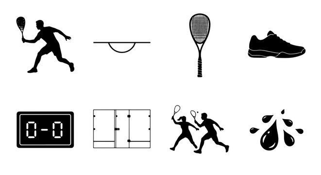 Squash Sport Icons Set, Racquetball Game Elements, Athlete Silhouettes, Court, Scoreboard, Footwear, Sweat Drops Vector Graphics
