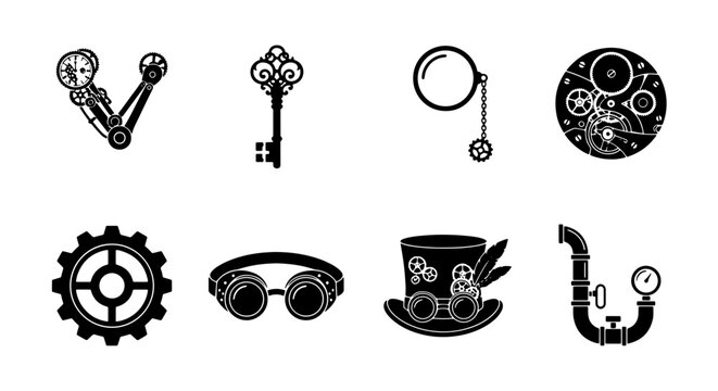 Steampunk Icons Set: Gears, Keys, Monocle, Goggles, Top Hat, Pipe, Victorian Elements, Retro Technology Vector Graphics