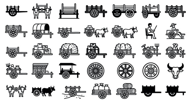 Set of black and white vintage wooden carts and ox wagons vector icons