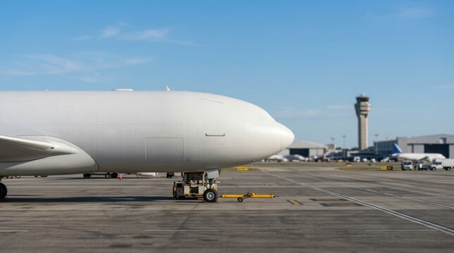 Blank White Airplane Fuselage Mockup on Airport Tarmac