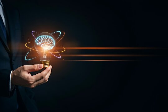 Close-up of a hand holding a light bulb with a glowing brain and orbiting atoms, symbolizing innovation a
