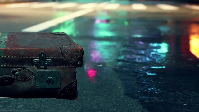 A vintage suitcase sits on a wet street after rainfall. The bright lights from nearby signs reflect off the puddles. The scene captures a moment in a bustling city.