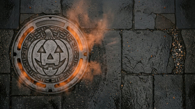 Manhole cover with carved pumpkin face glowing with orange fire and smoke on wet dark street. Spooky Halloween night concept. Mysterious horror and magic atmosphere in city