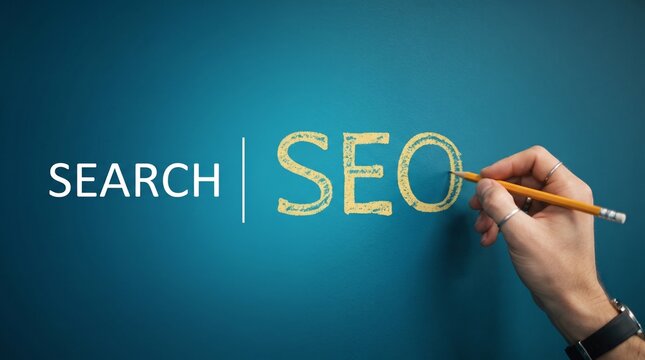 Hand writing seo on a chalkboard with search text